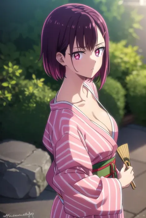 BREAK looking at viewer,BREAK (masterpiece:1.2), best quality, high resolution, unity 8k wallpaper, (illustration:0.8), (beautiful detailed eyes:1.6), extremely detailed face, perfect lighting, extremely detailed CG, (perfect hands, perfect anatomy)onsen,hot springs,night,soft light,wet,shizuka mikazuki, short hair, purple hair, hair ornament, hairclip, (pink eyes:1.5), swept bangs,
collarbone, japanese clothes, kimono, sash, obi, towel, hand fan, yukata, holding fan, pink kimono, paper fan, towel around neck,upper body,neckline, cleavege,bend over.