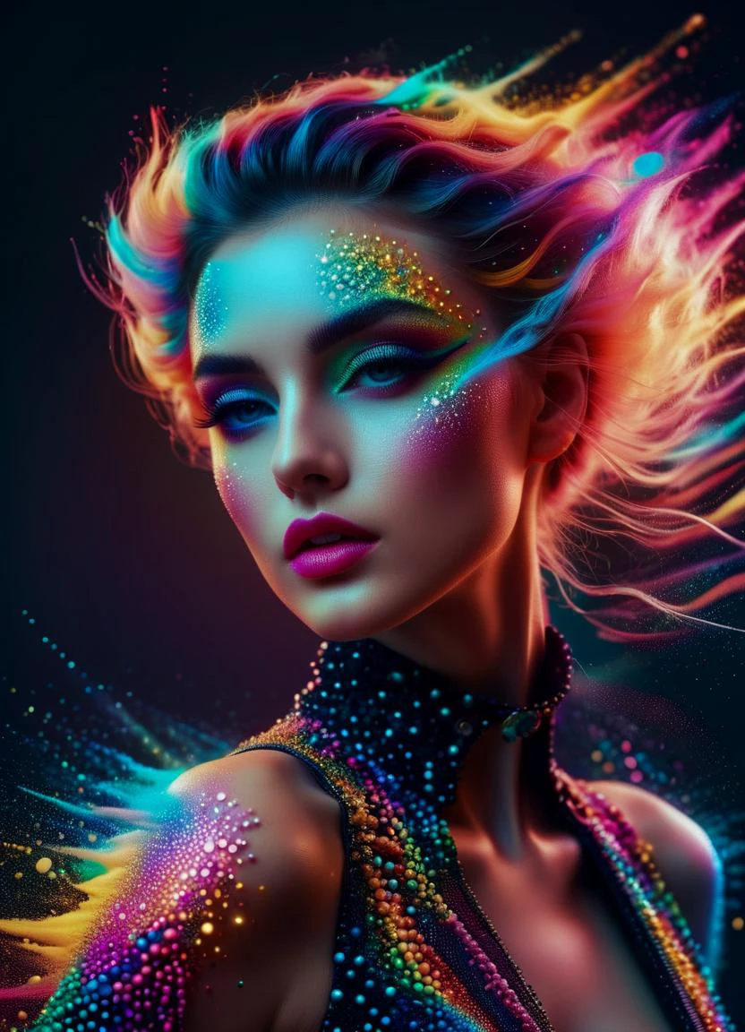 fashion model photography, hyper modern, glamorous surreal, creative, extreme intricate detail, in the style of movie poster, intense emotional atmosphere, pastel colors with glowing makeup, <lora:ral-pxlprtcl-sdxl:0.8> ral-pxlprtcl, subsurface scattering, Photorealistic, Hyperrealistic, analog style, realistic, film photography, soft lighting, heavy shadow