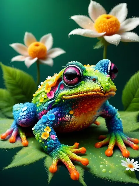 (no human: 1.3), illustrious, Darling, cute frog animal made of ral-pxlprtcl, big eyes, dancing on leaves and flower petals, (colorful: 1.2), 3d, <lora:ral-pxlprtcl:1>