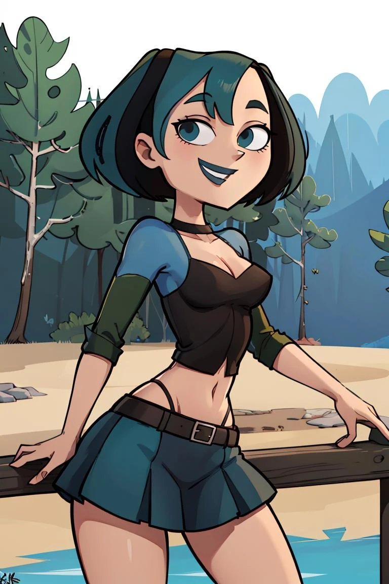((masterpiece,best quality)), absurdres,
<lora:Gwen_Total_Drama:0.7>, Gwen_Total_Drama, goth, midriff, smiling, skirt,
solo, smiling, looking at viewer, cowboy shot, side view,
cinematic composition, contrapposto
