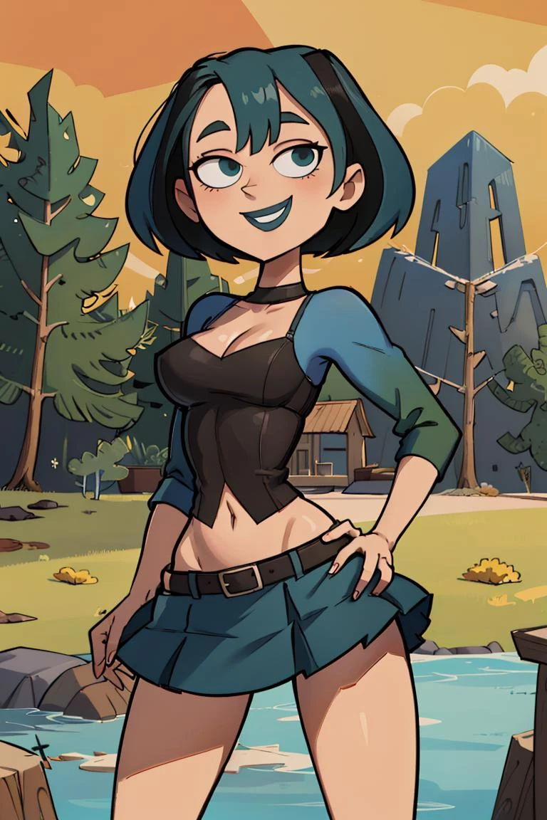 ((masterpiece,best quality)), absurdres,
<lora:Gwen_Total_Drama:0.7>, Gwen_Total_Drama, goth, midriff, smiling, skirt, 
solo, smiling, looking at viewer, cowboy shot, , 
cinematic composition, contrapposto