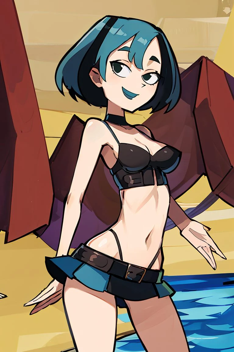 ((masterpiece,best quality)), absurdres,
<lora:Gwen_Total_Drama:0.7>, Gwen_Total_Drama, goth, midriff, smiling, skirt,
solo, smiling, looking at viewer, cowboy shot, ,
cinematic composition, contrapposto