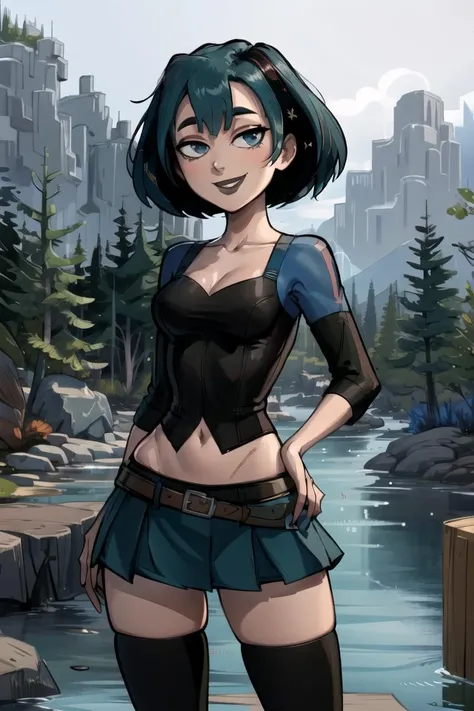 ((masterpiece,best quality)), absurdres,
<lora:Gwen_Total_Drama:0.7>, Gwen_Total_Drama, goth, midriff, smiling, skirt, thigh highs, 
solo, smiling, looking at viewer, cowboy shot, ,
cinematic composition, contrapposto