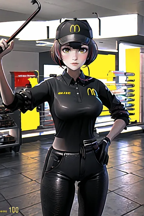 Highly detailed, High Quality, Masterpiece, beautiful, gmodcrowbar, holding crowbar, <lora:Pos_CrowbarPose:1>, 1girl, Seidr, <lora:Char_FireEmblem_Seidr:0.9>, McDonaldsUniform, shirt, black shirt, uniform, black pants, pants, cap, <lora:Outfit_McDonaldsUniformBlack:0.9>, cowboy shot,