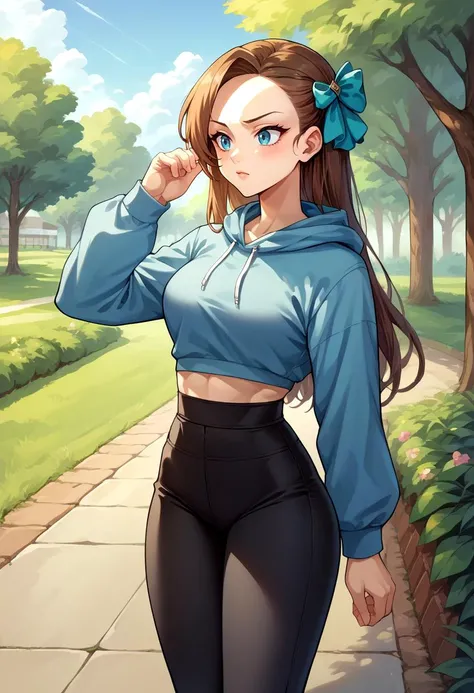 score_9, score_8_up, source_anime, 1girl, solo, KatarinaClaes, long hair, asymmetrical bangs, hair bow, outdoors, park, blue hoodie, high-waist pants, yoga pants, black pants, light blush, <lora:CHAR-KatarinaClaesPonyXL:1>