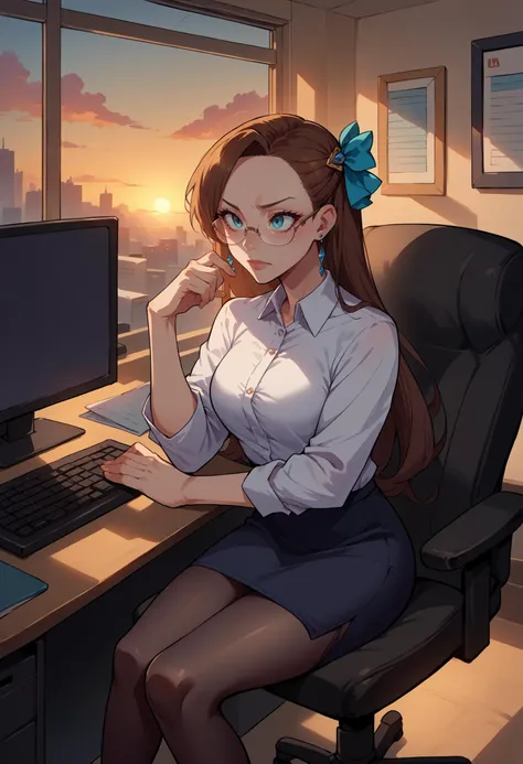 score_9, score_8_up, source_anime, 1girl, <lora:ChamKatarinaClaesPonyXL:1>, KatarinaClaes, long hair, asymmetrical bangs, hair bow, earrings, office lady, office, office chair, black pantyhose, pencil skirt, shirt, glasses, sitting, window, table, sunset, computer, keyboard \(computer\), monitor, typing,