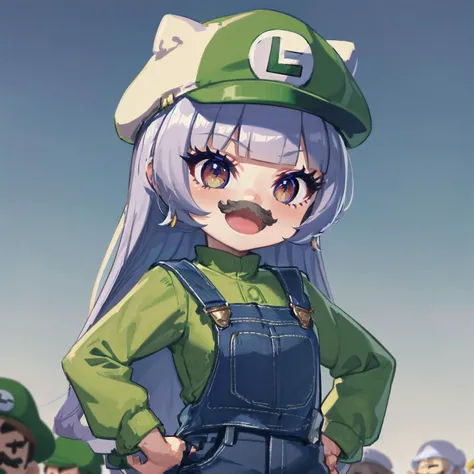 absurdres, high detail, uhd, outdoors, sky,
hands on hip, thumbs up, smile,
(chibi:1.2), luxu, fake mustache, green hat, luigi's hat, green shirt, long sleeves, overalls,
<lora:MGCM-luxuria-t1-000095:0.7>