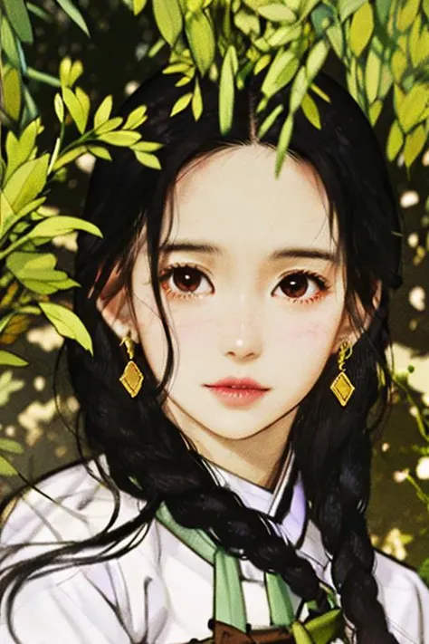 1girl, black_eyes, black_hair, braid, branch, brown_eyes,  hanbok, korean_clothes, twin_braids
A composition that challenges traditional notions of perspective and invites a fresh way of seeing, Amidst a tapestry of foliage, a verdant garden thrives, its lush greenery a sanctuary of natural abundance, Covered, Visionary, Average Height, Thin, Triangular Face, Dark Skin, Brunette Hair, gold Eyes, Narrow Nose, Full Lips, Prominent Chin, Long Hair, Fine Hair, Sleek Waves, perky breasts, Dangle earrings, violet cream lipstick, Glossy luster that creates a smooth and polished surface, <lora:FilmVelvia2:1>