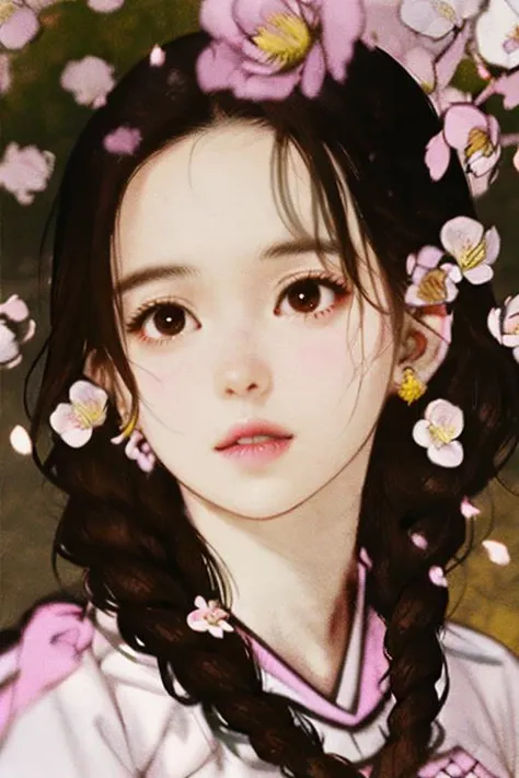 1girl, black_eyes, black_hair, braid, branch, brown_eyes,  hanbok, korean_clothes, twin_braids
A mesmerizing blend of textures and patterns, creating a tactile and visual feast, Amidst a realm of vibrant hues, a magical garden blossoms, its petals ablaze with radiant colors, Attired, Charmer, Average Height, Skinny, Oval Face, Fair Skin, Dark Brown Hair, Green Eyes, Wide Nose, Full Lips, Sharp Chin, Shoulder-Length Hair, Thick Hair, Half Up Half Down, full breasts, Clip-on earrings, rust cream lipstick, Silky luster that imparts a soft and gentle glow, <lora:FilmVelvia2:1>