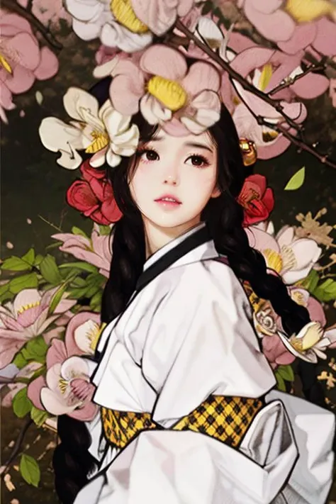 1girl, black_eyes, black_hair, braid, branch, brown_eyes,  hanbok, korean_clothes, twin_braids
A composition that celebrates the beauty of chaos, with spontaneous marks and gestural expressions, Amidst a tapestry of delicate petals, a secret garden reveals, its intricate blooms unfolding like a tale of mystic charm, Caparisoned, Vixen, Short, in shape, Diamond-Shaped Face, Dark Skin, Auburn Hair, Blue Eyes, Narrow Nose, Pouty Lips, Receding Chin, Long Hair, Thick Hair, Braided Updo, augmented breasts, , pink gloss lipstick, Shiny luster that adds a touch of brightness and luminosity, <lora:FilmVelvia2:1>