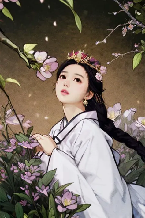 1girl, black_eyes, black_hair, braid, branch, brown_eyes,  hanbok, korean_clothes, twin_braids
A minimalist composition with clean lines and subtle tonal variations, invoking a sense of simplicity and tranquility, Amidst a realm of ethereal allure, a hidden garden of wonders emerges, its enchanting blossoms a gateway to enchantment, Decked, Dame, Tall, Wide Hips, Round Face, Dark Skin, Honey Blonde Hair, green Eyes, Short Nose, Pouty Lips, Prominent Chin, Shoulder-Length Hair, Fine Hair, Double Braided Crown, round breasts, Faux gauge earrings, plum metallic lipstick, Brilliant luster that shines with remarkable brilliance, <lora:FilmVelvia2:1>