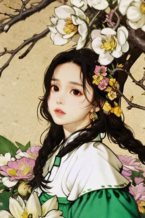 1girl, black_eyes, black_hair, braid, branch, brown_eyes,  hanbok, korean_clothes, twin_braids
A harmonious arrangement of abstract forms, inviting contemplation and introspection, In a realm of eternal spring, a harmonious garden thrives, its blooms swaying to the rhythm of life, Vestured, Songstress, Short, Lean, Round Face, Dark Skin, Dark Brown Hair, jade Eyes, Narrow Nose, Full Lips, Round Chin, Long Hair, Wavy Hair, Updo, perky breasts, Drop earrings, orange cream lipstick, Shiny luster that adds a touch of brightness and luminosity, <lora:FilmVelvia2:1>