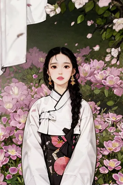 1girl, black_eyes, black_hair, braid, branch, brown_eyes,  hanbok, korean_clothes, twin_braids
An abstract representation of the passage of time, with layers and marks suggesting the flow of moments, Amidst a tapestry of delicate petals, a secret garden reveals, its intricate blooms unfolding like a tale of mystic charm, Clad, Duchess, Tall, Athletic, Diamond-Shaped Face, Tan Skin, White Hair, Brown Eyes, Short Nose, Thin Lips, Prominent Chin, Long Hair, Thick Hair, Loose Curls, full breasts, Drop earrings, light pink stain lipstick, Lustrous luster that bestows a rich and captivating sheen, <lora:FilmVelvia2:1>