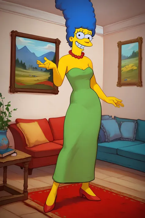 zPDXL2, <lora:MargePony1.0:.6>, <lora:Concept Art Twilight Style SDXL_LoRA_Pony Diffusion V6 XL:.8>
marges, blue hair, woman, yellow skin, black eyes, red pearl necklace,green dress, red flats, looking at viewer, smiling, standing, inside cozy living room, couch, framed painting,