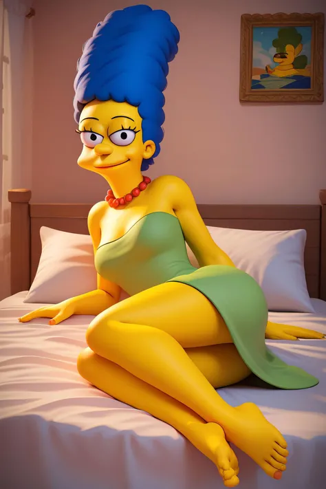 zPDXL2, <lora:MargePony1.0:.8>, <lora:Beautiful_CAT_Pony:1>
marges, blue hair, woman, yellow skin, black eyes, red pearl necklace, green dress, bare shoulders, feet, looking at viewer, seductive smile, lying, on side, on bed, inside cozy bedroom,