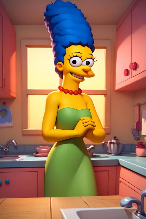 zPDXL2, <lora:MargePony1.0:.8>, <lora:Beautiful_CAT_Pony:1>
marges, blue hair, woman, yellow skin, black eyes, red pearl necklace, green dress, bare shoulders, looking at viewer, smiling, standing, hands together, inside kitchen, counter, sink, window, sunny,