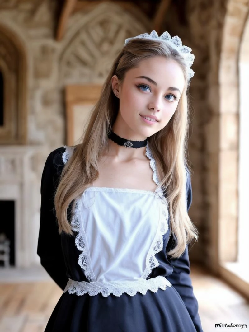 photo of extremely sexy 16 yo (v4lkyr4e:0.99) as neko, 1girl, a woman as a maid, (extremely detailed CG unity 8k wallpaper), photo of the most beautiful artwork in the world, Intricate, High Detail, Sharp focus, dramatic, photorealistic painting art by midjourney and greg rutkowski,
(looking at viewer:1.2), (detailed pupils:1.3), ((full shot:1.5)), (eyeliner), (strong cateye makeup), skinny body, <lora:MyBreastHelperRS:1>, (flat chest:0.8),
<lora:ClothMaid1:0.8>, traditional maid, non-nude, dressed,
(((light blonde hair))), (((blue eyes))),
standing in shy pose, (medieval castle interior:1.2), stone fireplace in the background, happy face, smily eyes, in love, black lacy neck choker,