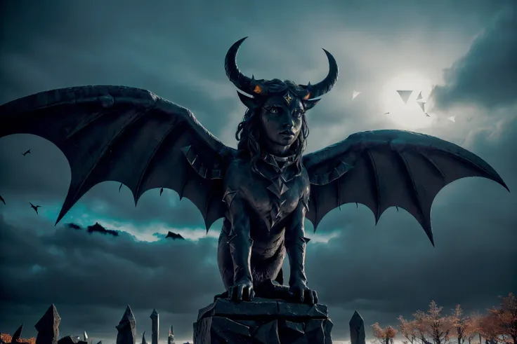 a stone statue of 1girl,glowing rune stones ,Stonehenge, black sclera, horns, bat like wings, orange tone
medival, (Highest quality:1.3), cinematic shot, masterpiece, (sharp focus:1.5), (photorealistic:1.3), detailed background, high contrast, dark
analog style, volumetric lighting, intricate details, UHD, film grains,
<lora:glowingrunesai_v10:0.7>