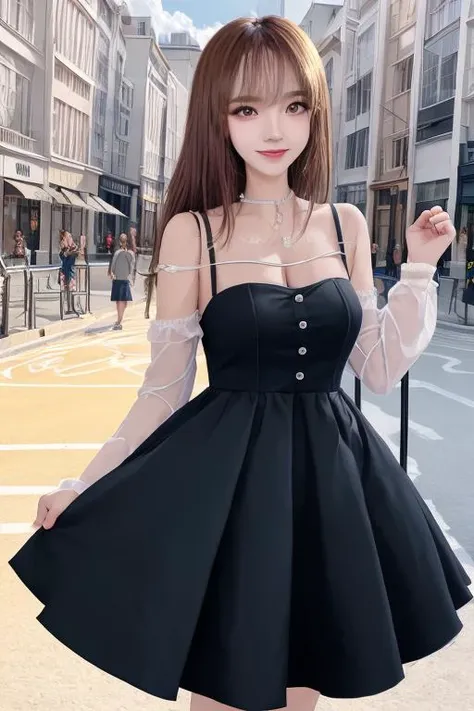 <lora:a81:1>,outdoors,dress,light smile,playground background,, masterpiece,best quality,CG 8k wallpaper,illustration,absurdres, city lights,