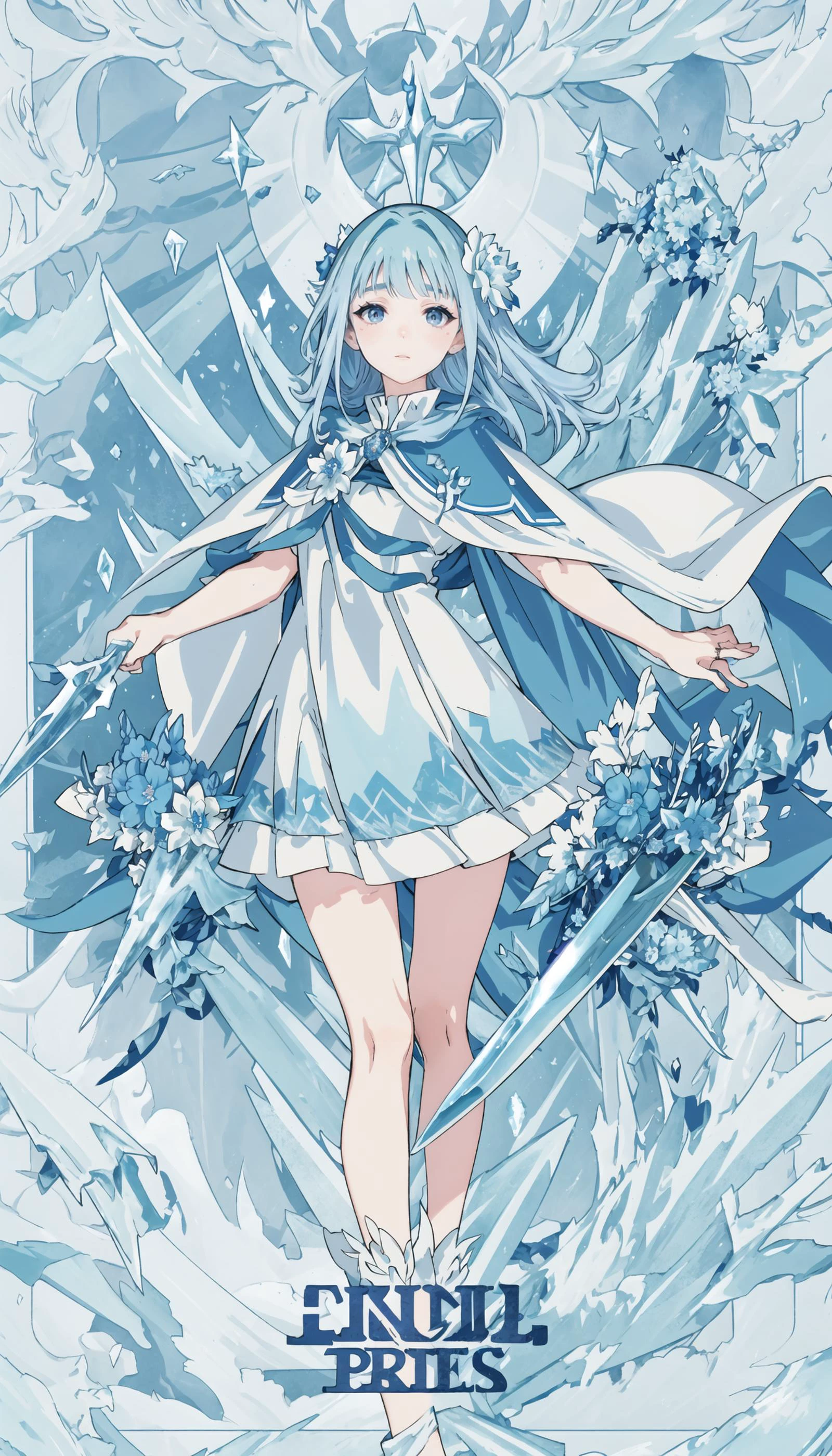 <lora:Concept - Anime Tarot Card Art Style v3.1:1.>, <lora:Character - Mabel (Isekai Ojisan) v1.0:0.5>, IsekaiOjisan-Mabel, masterpiece, best quality, girl, solo, alone, hood cloak, bare leg, (blue hair flower: 0.6), look at viewer, huge ice, icicles from above, white background, (holding sword made of ice), ice sword, blue transparent sword, (blue cape with royal prints), wedding ring, (blue border:1.2), flying ice shards, ice magic, standing straight, looking forward, looking at viewer, from the front, cold surroundings, vibrant blue colors, (pale skin:1.1), ice dragon in background, dragon neck, dragon face in background, blue flowers, frozen flowers,