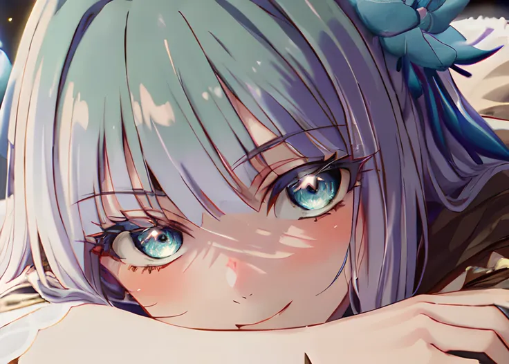 masterpiece, highres, best quality, ultra-detailed, 1girl, solo,  <lora:IsekaiOjisan-Mabel-release-v1.0:0.6>, [:hair flower: 0.5], face focus, looking at viewer, portrait, beautiful anime eyes, face focus, arms down, blue eyes, hood cloak, light smile,  brown cloak,  high contrast, beautiful detailed glow,