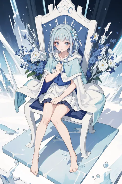 <lora:Style - Standing Full Body with Background v1.0:0.9>, <lora:Character - Mabel (Isekai Ojisan) v1.0:0.4>, IsekaiOjisan-Mabel, masterpiece, best quality, girl, solo, alone, sitting on throne of ice, sitting, hood cloak, bare leg, look at viewer, huge ice, white background, from above, (blue hair flower: 0.6),