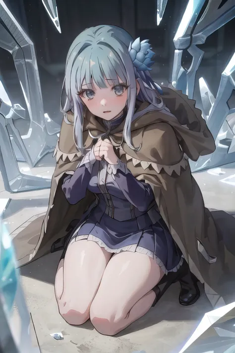 masterpiece, best quality, girl, solo, full body, hood cloak, bare leg, look at viewer, huge ice, ice weapon, blue background,
<lora:IsekaiOjisan-Mabel-release-v1.0:0.7>,
