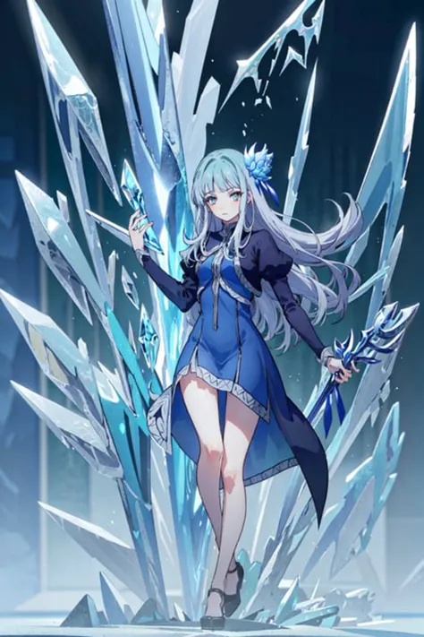 masterpiece, best quality, girl, solo, full body, bare leg, look at viewer, huge ice, ice weapon, blue background,
<lora:IsekaiOjisan-Mabel-release-v1.0:0.7>,