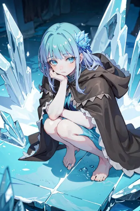 masterpiece, best quality, girl, solo, squat down, hood cloak, bare leg, look at viewer, huge ice, blue background, from above,
<lora:IsekaiOjisan-Mabel-release-v1.0:0.7>, [:hair flower: 0.5],