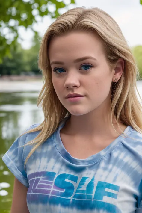 closeup headshot of S152_AvaPhillippe, an attractive woman, in a (natural-pond:1.2), wearing a (tie-dye t-shirt:1.2), (8k, RAW photo, best quality, depth of field, ultra high res:1.2), (absurdres, intricate, photorealistic, masterpiece, ultra-detailed:1.3)