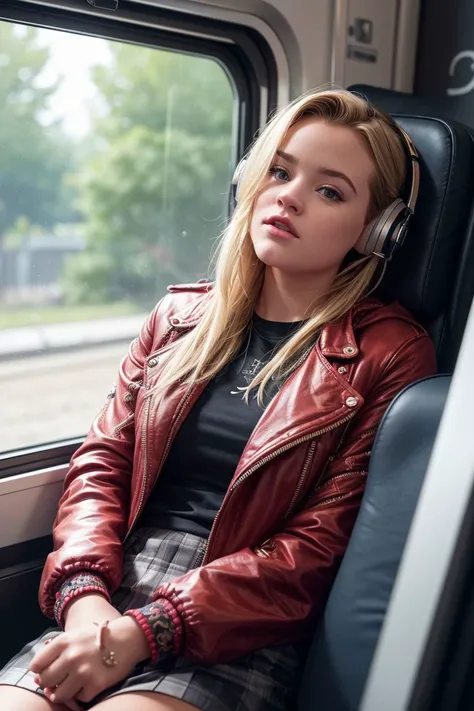 photo of S152_AvaPhillippe, a gorgeous woman, on a (train:1.2), wearing a (jacket:1.2) and a (skirt), (headphones:1.1), (8k, RAW photo, best quality, depth of field, ultra high res:1.2), (absurdres, intricate, photorealistic, masterpiece, ultra-detailed:1.3)