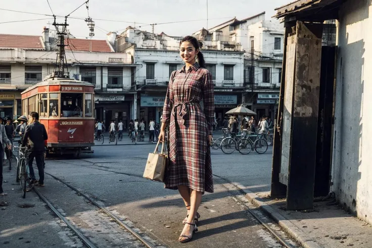 Ultra-realistic 8k CG, masterpiece, best quality,(realistic:1.3),HDR,RAW photo, (film grain:1.1), ((Depth of field)),(looking at viewer:1.2), street, hanoi, 1girl, ((full body:1.1)), plaid dress, analog film style, electric tram, pony tail hair, smile,
<lora:hanoi-000008:0.7>,, (masterpiece,best quality:1.5)
