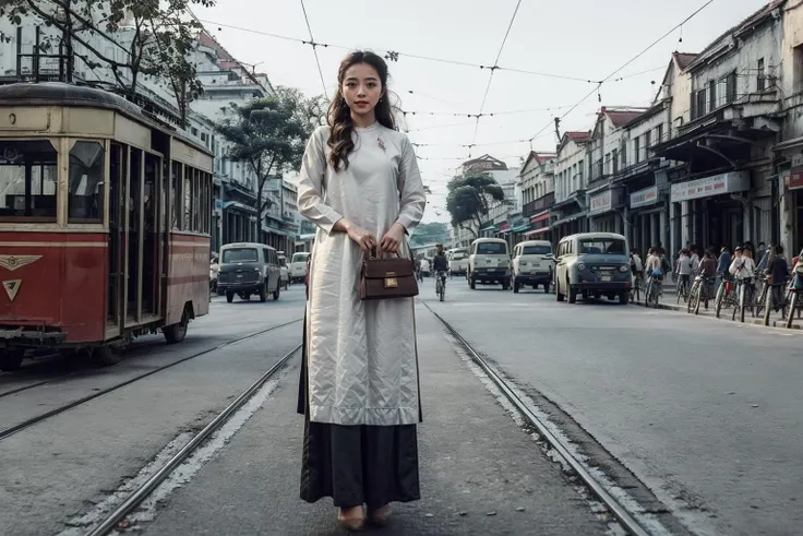 Ultra-realistic 8k CG, masterpiece, best quality,(realistic:1.3),HDR,RAW photo, (film grain:1.1), ((Depth of field)),(looking at viewer:1.2), street, hanoi, 1girl, ((full body:1.1)), analog film movie style, electric tram, pony tail hair, smile,
<lora:hanoi-000008:0.65>,
<lora:aodai:0.7>, aodai,, (masterpiece,best quality:1.5)