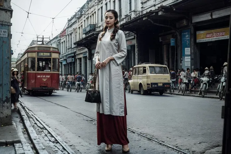 Ultra-realistic 8k CG, masterpiece, best quality,(realistic:1.3),HDR,RAW photo, (film grain:1.1), ((Depth of field)),(looking at viewer:1.2), street, hanoi, 1girl, ((full body:1.1)), analog film movie style, pony tail hair, smile, electric tram,
<lora:hanoi-000008:0.65>,
<lora:aodai:0.8>, aodai,, (masterpiece,best quality:1.5)