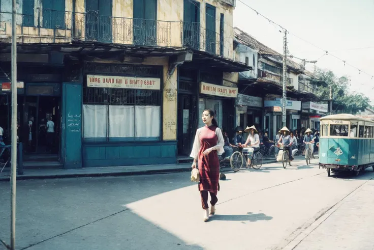 golden hour, street, hanoi, analog film movie style, vivid color, film grain, cinematic lighting, beautiful girl, perfect anatomy, slender body, pony tail hair, beautiful eyes, plaid dress, pantyhose, (full body:1.4), (masterpiece:1.2), best quality, high quality, (absurdres:1.2), (realistic:1.2), 8k, raw, ultrarealistic , bicycle, electric tram, from above, 
 <lora:hanoi-000008:0.65>,  <lora:aodai:0.7>, aodai,   <lora:JPfilmColor_Heavy_grain:0.6>, (masterpiece,best quality:1.5)