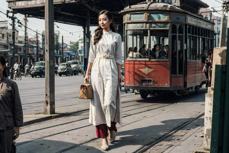 Ultra-realistic 8k CG, masterpiece, best quality,(realistic:1.3),HDR,RAW photo, (film grain:1.1), ((Depth of field)),(looking at viewer:1.2), street, hanoi, 1girl, ((full body:1.1)), analog film movie style, electric tram, pony tail hair, smile,
<lora:hanoi-000008:0.65>,
<lora:aodai:0.7>, aodai,, (masterpiece,best quality:1.5)