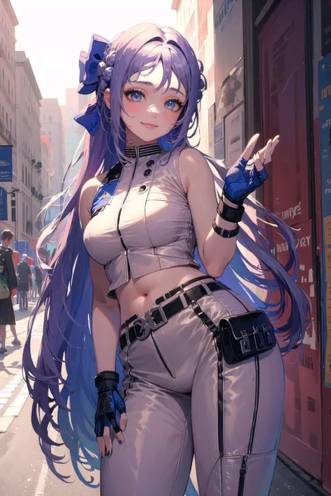(masterpiece:1.3),(highly detailed:1.3),(highres:1.1),best quality,Ultra-detail,1girl,solo,jelofolkwang,hair bow,white crop top,white pants,belt,fingerless gloves,looking at viewer,smile,<lora:folkwang_nikkev2:1>,