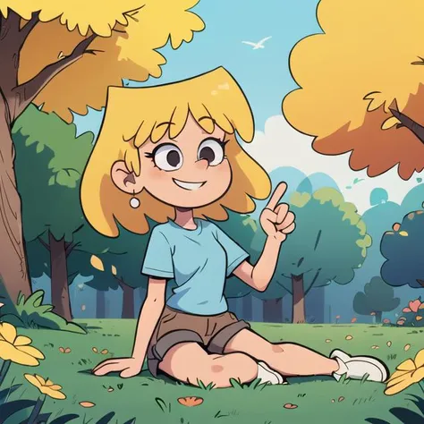 ((masterpiece, best quality)),solo,1girl, loriloud, lori loud, highres, blonde hair, detailed, soft lighting, in the park, blue shirt, brown shorts, smiling, <lora:loriloud-15:0.5>