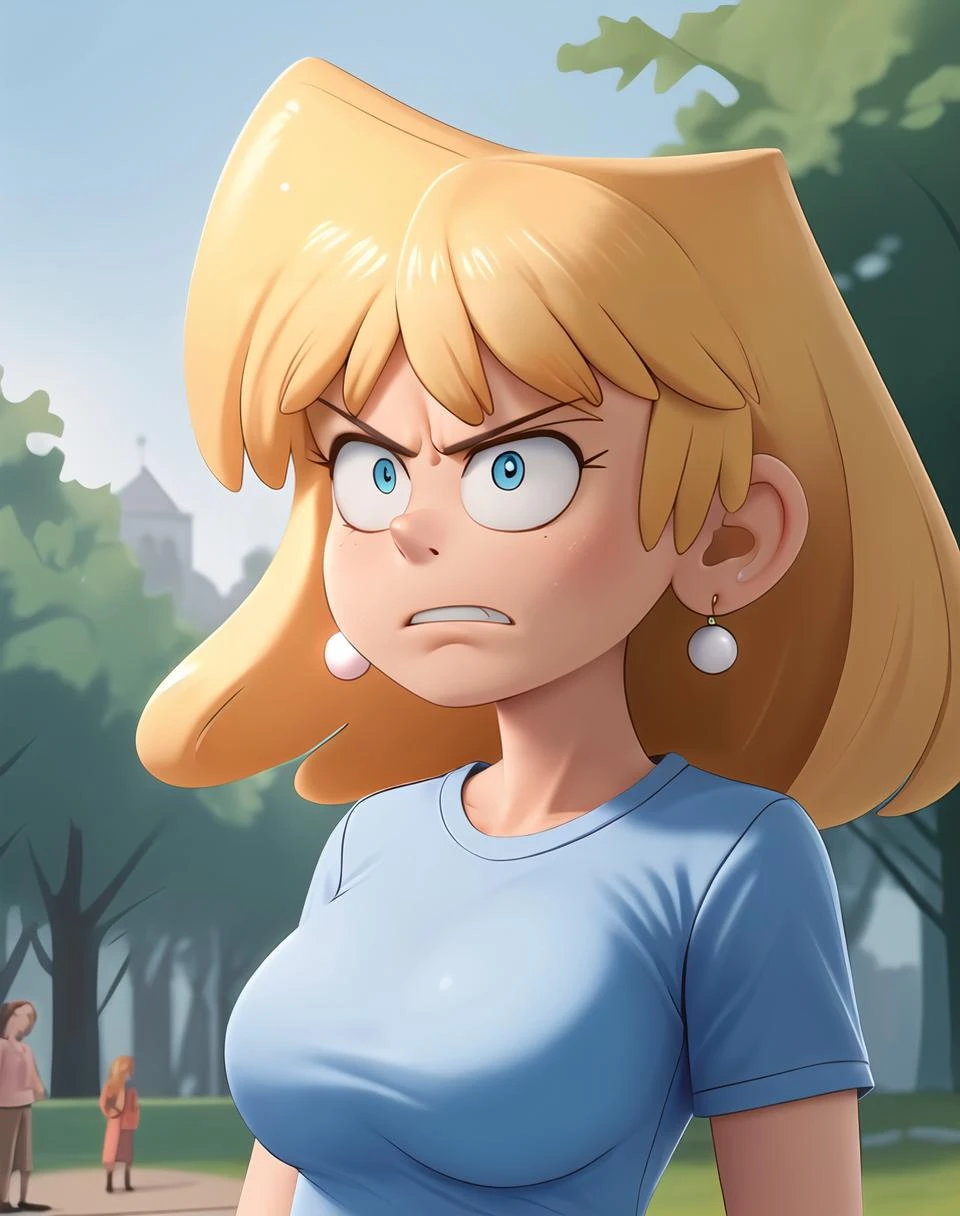 ((masterpiece, best quality)),solo,1girl, upper body, loriloud, blonde hair, earrings, dynamic lighting, blue shirt, brown shorts, in the park, angry, beautiful eyes <lora:loriloud:0.7>