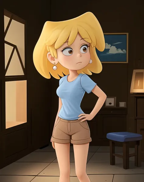 ((masterpiece, best quality)),solo,1girl, upper body, loriloud, blonde hair, earrings, dynamic lighting, blue shirt, brown shorts,<lora:loriloud:0.6>, full body