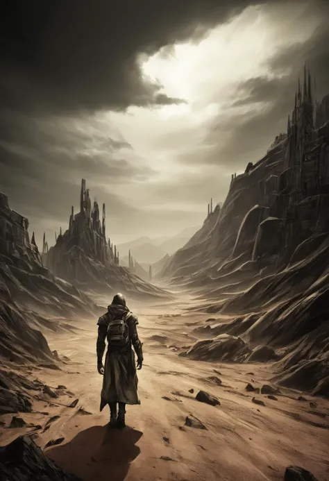 Apocalyptic journey in desolate wasteland, apocalyptic journey, desolate wasteland, journey, dystopian