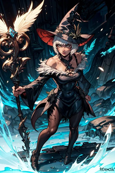 thick outlines, comics, photorealistic, 1girl, solo, holding a witch staff, full body, dynamic pose, fire and ice magic, <lora:YshtolaV4-6:0.6>, (y'shtola), (miqo'te), ffxiv, final fantasy xiv, black mage, black dress, feathered collar, feather hair ornament, outdoors, detailed background, detailed face, detailed eyes, <lora:add_detail:0.7>