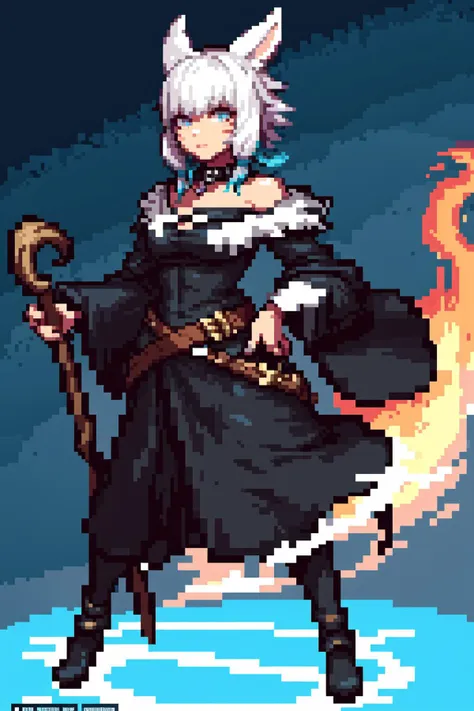 thick outlines, comics, photorealistic, 1girl, solo, holding a witch staff, full body, dynamic pose, fire and ice magic, <lora:YshtolaV4-6:0.6>, (y'shtola), (miqo'te), ffxiv, final fantasy xiv, black mage, black dress, feathered collar, feather hair ornament, outdoors, detailed background, detailed face, detailed eyes, <lora:add_detail:0.7>