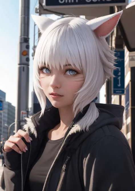 1girl, y'shtola, miqo'te, white hair, busty, cat ears, perfect pupil, perfect iris, <lora:yshtolaFFXIV_v1:0.8>, parka, street wear, (nervous512:0.5), RAW photo, best quality, high resolution, (masterpiece), dreamlike, dreamy, floaty, modelshoot style, analog style, tonemapping, photorealistic:1.3, professional photography, sharp focus, HDR, 8K resolution, intricate detail, sophisticated detail, hyper detailed, (depth of field), dramatic angle, highlight and shadow, volumetric lighting, cinematic bloom, professional light, golden hours, Times Square streets, trees, looking at viewer