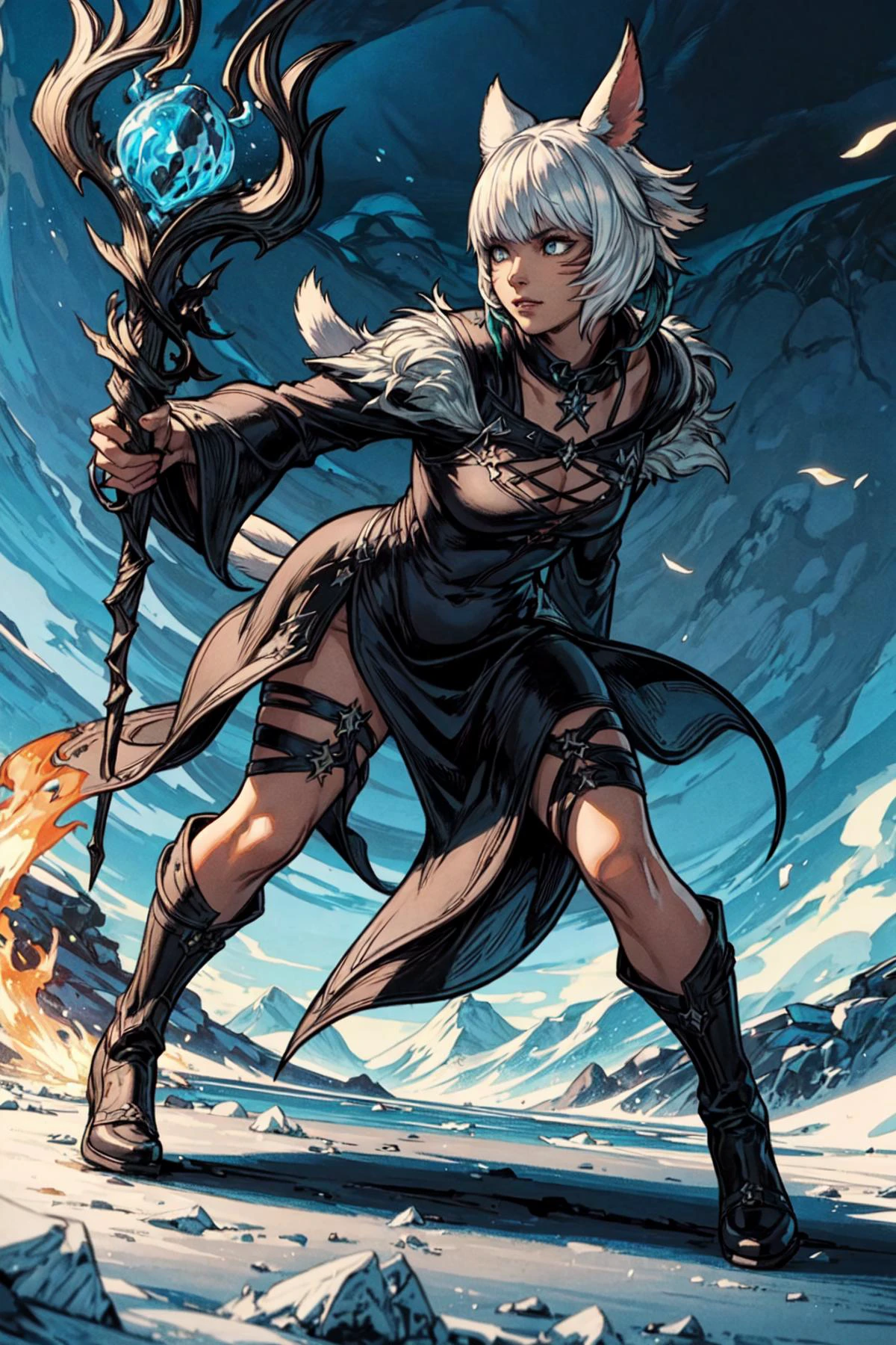 thick outlines, comics, photorealistic, 1girl, solo, holding a witch staff, full body, dynamic pose, fire and ice magic, <lora:YshtolaV4-6:0.6>, (y'shtola), (miqo'te), ffxiv, final fantasy xiv, black mage, black dress, feathered collar, feather hair ornament, outdoors, detailed background, detailed face, detailed eyes, <lora:add_detail:0.7>