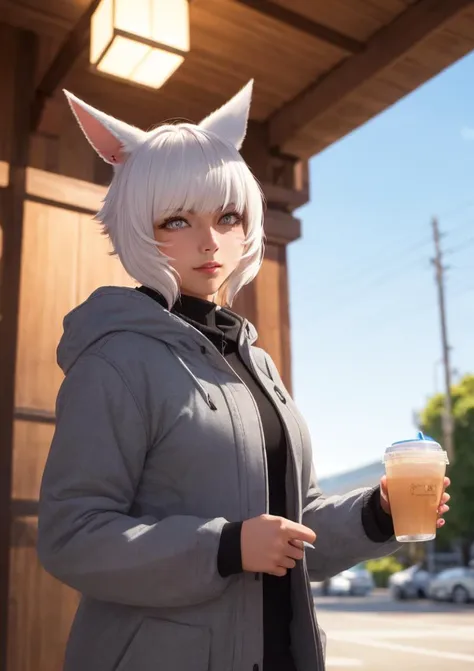 1girl, y'shtola, miqo'te, white hair, busty, cat ears, perfect pupil, perfect iris, <lora:yshtolaFFXIV_v1:0.8>, parka, ripped jeans, street wear, holding plastic cup, RAW photo, best quality, high resolution, (masterpiece), dreamlike, dreamy, floaty, modelshoot style, analog style, tonemapping, photorealistic, professional photography, sharp focus, HDR, 8K resolution, intricate detail, sophisticated detail, hyper detailed, (depth of field), highlight and shadow, volumetric lighting, cinematic bloom, professional light, golden hours, japanese streets, trees, looking at viewer, upper body, standing