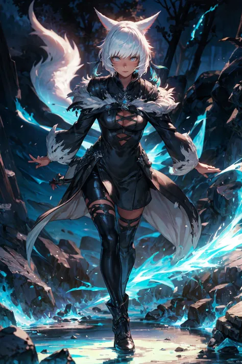 thick outlines, comics, photorealistic, 1girl, solo, holding a witch staff, full body, dynamic pose, fire and ice magic, <lora:YshtolaV4-6:0.6>, (y'shtola), (miqo'te), ffxiv, final fantasy xiv, black mage, black dress, feathered collar, feather hair ornament, outdoors, detailed background, detailed face, detailed eyes, <lora:add_detail:0.7>