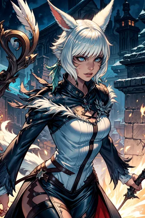 thick outlines, comics, photorealistic, 1girl, solo, holding a witch staff, Cowboy shot, dynamic pose, fire and ice magic, <lora:YshtolaV4-6:0.6>, (y'shtola), (miqo'te), ffxiv, final fantasy xiv, black mage, black dress, feathered collar, feather hair ornament, outdoors, detailed background, detailed face, detailed eyes, <lora:add_detail:0.7>