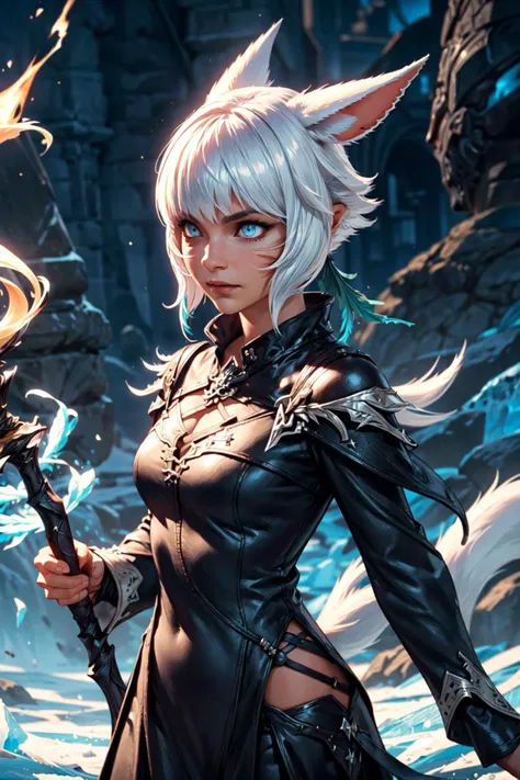 thick outlines, comics, photorealistic, 1girl, solo, holding a witch staff, Cowboy shot, dynamic pose, fire and ice magic, <lora:YshtolaV4-6:0.6>, (y'shtola), (miqo'te), ffxiv, final fantasy xiv, black mage, black dress, feathered collar, feather hair ornament, outdoors, detailed background, detailed face, detailed eyes, <lora:add_detail:0.7>