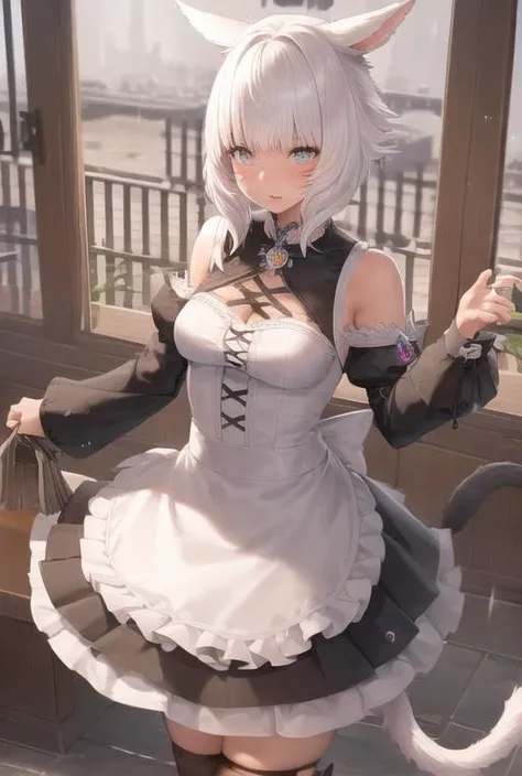 1girl, grown_woman, 28 year old, y'shtola, miqo'te, cat ears, (masterpiece:1.2), best quality, masterpiece, highres,<lora:yshtolaFFXIV_v1:0.6>, original, extremely detailed wallpaper, (y'shtola), (miqo'te), 1girl, ffxiv, final fantasy xiv, modern_clothes, french maid uniform, feathered collar, feather hair ornament, rainy day, train station, maid, cleaning, bedroom, small breasts